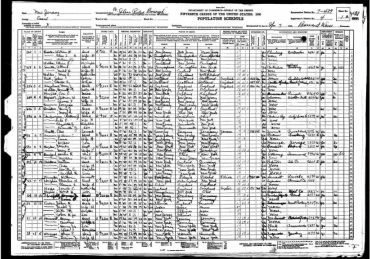 1930 Essex County Census Glen Ridge